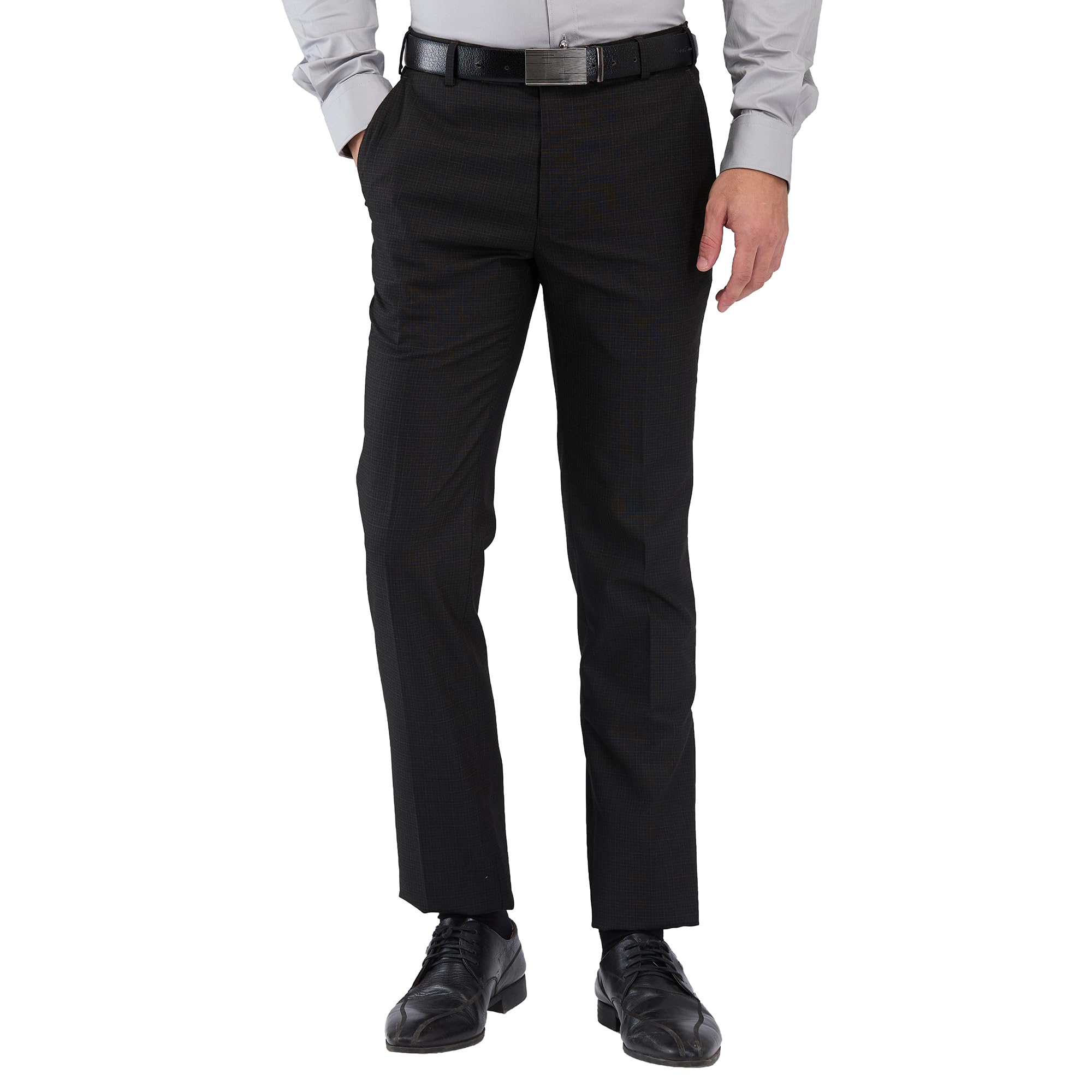 Slim Fit Poly Viscose Blend Checks Pattern Flat Front Formal Trouser-image-12