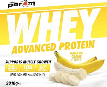 Per4m Whey Protein Powder | High Protein Shake for Muscle Growth & Recovery | Low Sugar Gym Supplement | Sports Nutrition Drink + Amino Acids (2010g, Banana)