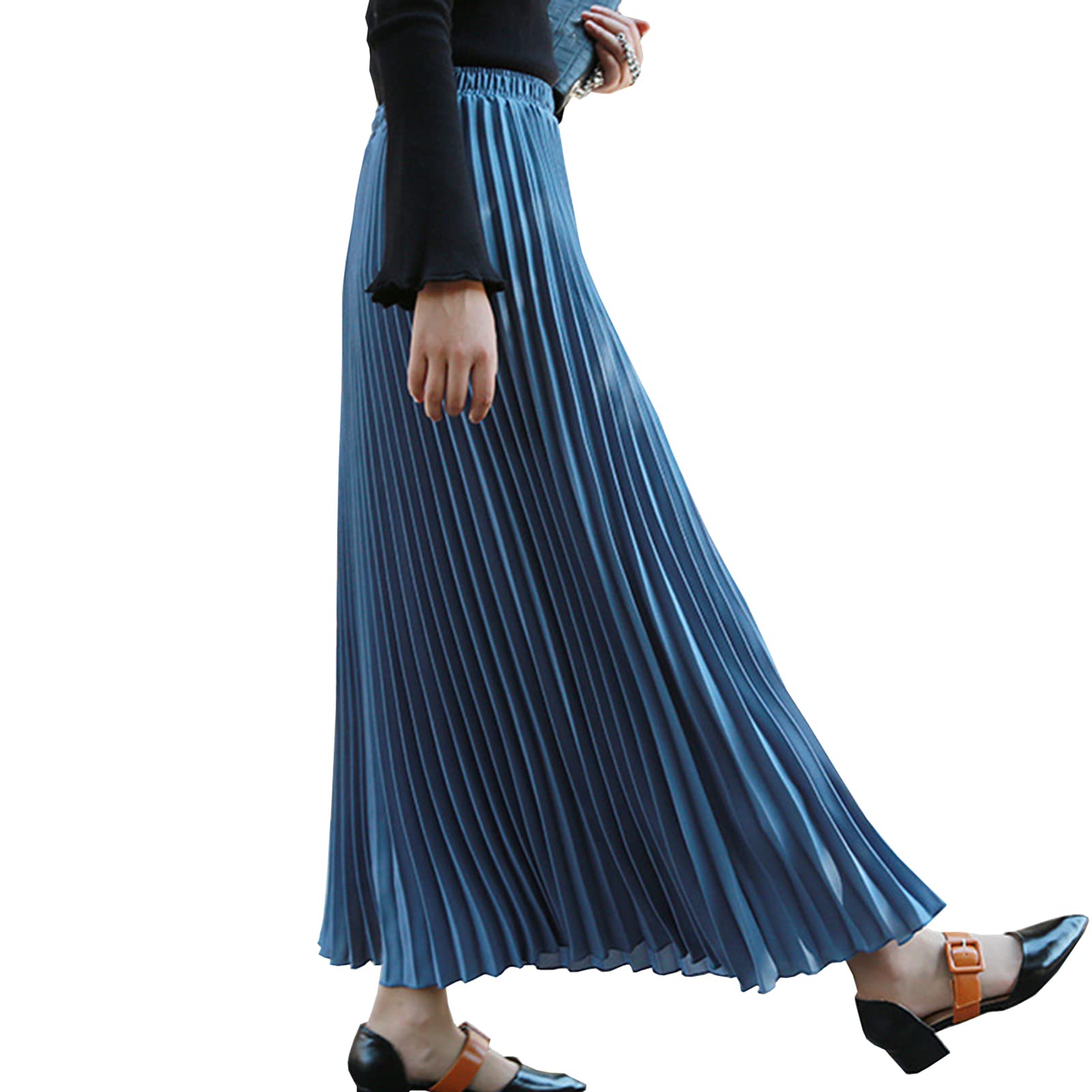 Yishengwan Women's Blue Grey Long Skirts Elastic Waist Pleated Skirt Party Midi Flowy Skirts M