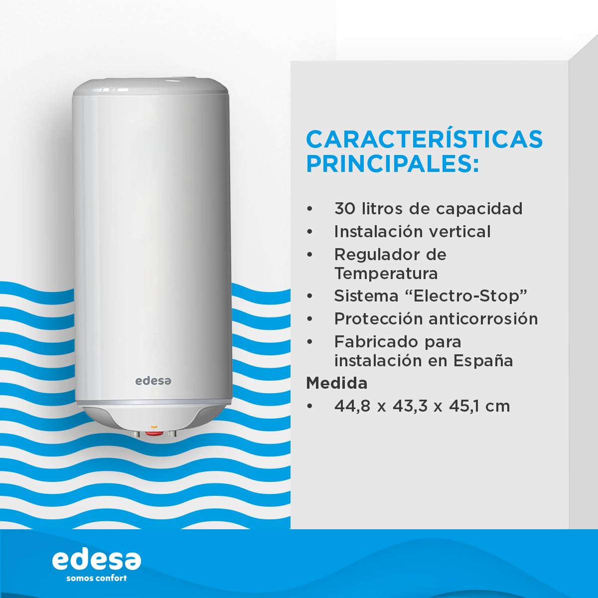 Edesa, One - Calentador de Agua Electrico Vertical, Termo Eléctrico 30 Litros, Regulación Externa y Cuba Vitrificada, 43,3x44,8x45,1 cm - Fabricado para Instalación en España (Clase energética C)
