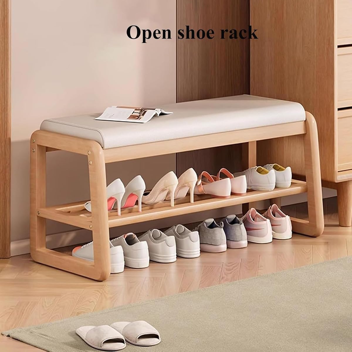 Moderno zapatero de 2 niveles con cojín, elegante zapatero de madera de 80 cm, diseño simple y contemporáneo para almacenamiento y decoración en el pasillo