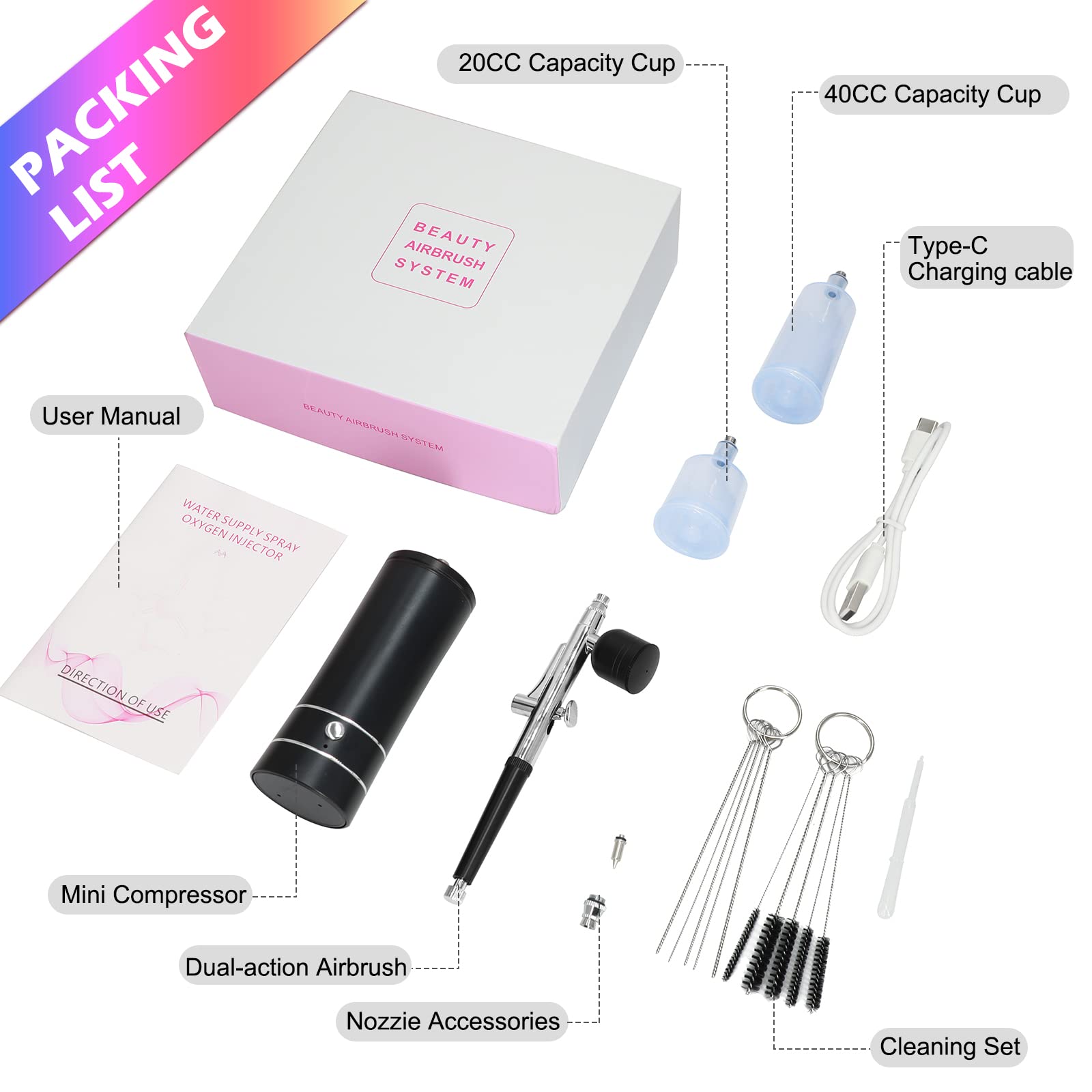 Kit de Aerógrafo con Compresor, Pistola de Cepillo de Aire Recargable Portátil de Alta Presión Cepillos de Aire con Boquilla de 0,3mm para Pintura, Uñas, Maquillaje, Arte (Negro)