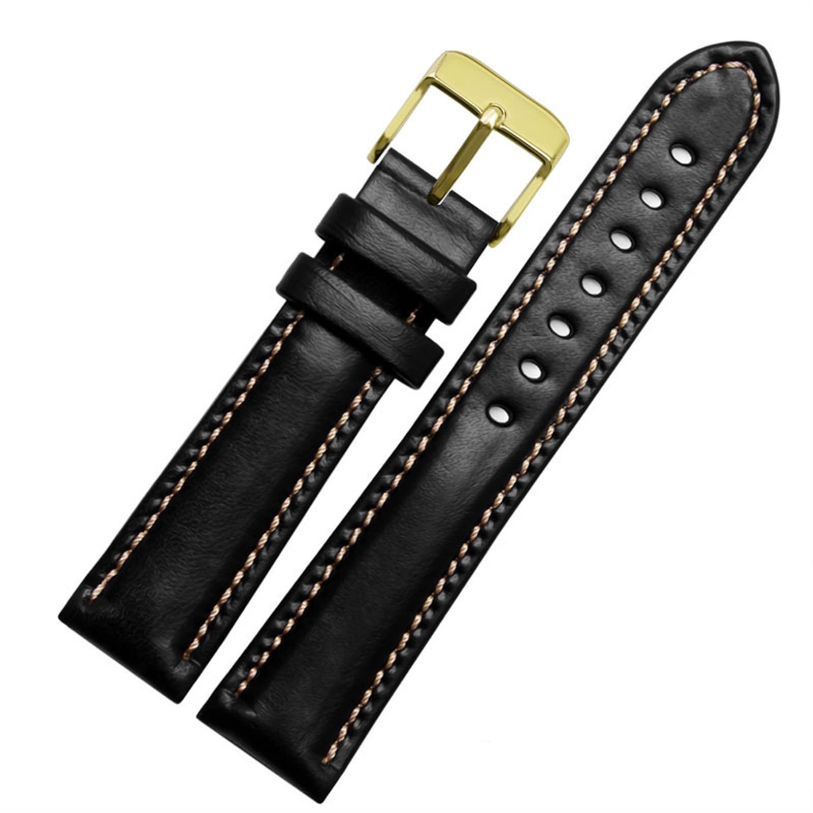 Bracelet de montre souple CZKE 21 mm en cuir véritable respirant noir-or