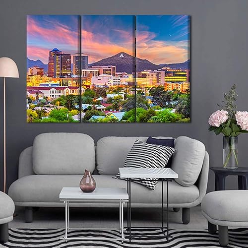 Miniatura 3 de Imágenes de paisaje urbano para sala de estar, pinturas de horizonte de Estados Unidos, arte de Tucson Arizona City Scape 3 paneles impresos en