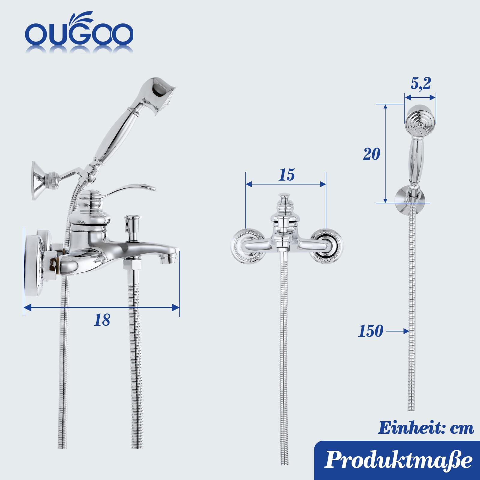 Badewannenarmatur mit Handbrause, Retro Messing Mischbatterie Badewanne Einhebelmischer mit Schlauch und Wandhalterung, Wandmontage Bad Armatur Dusche Antik Wannenarmatur für Badezimmer, Chrom