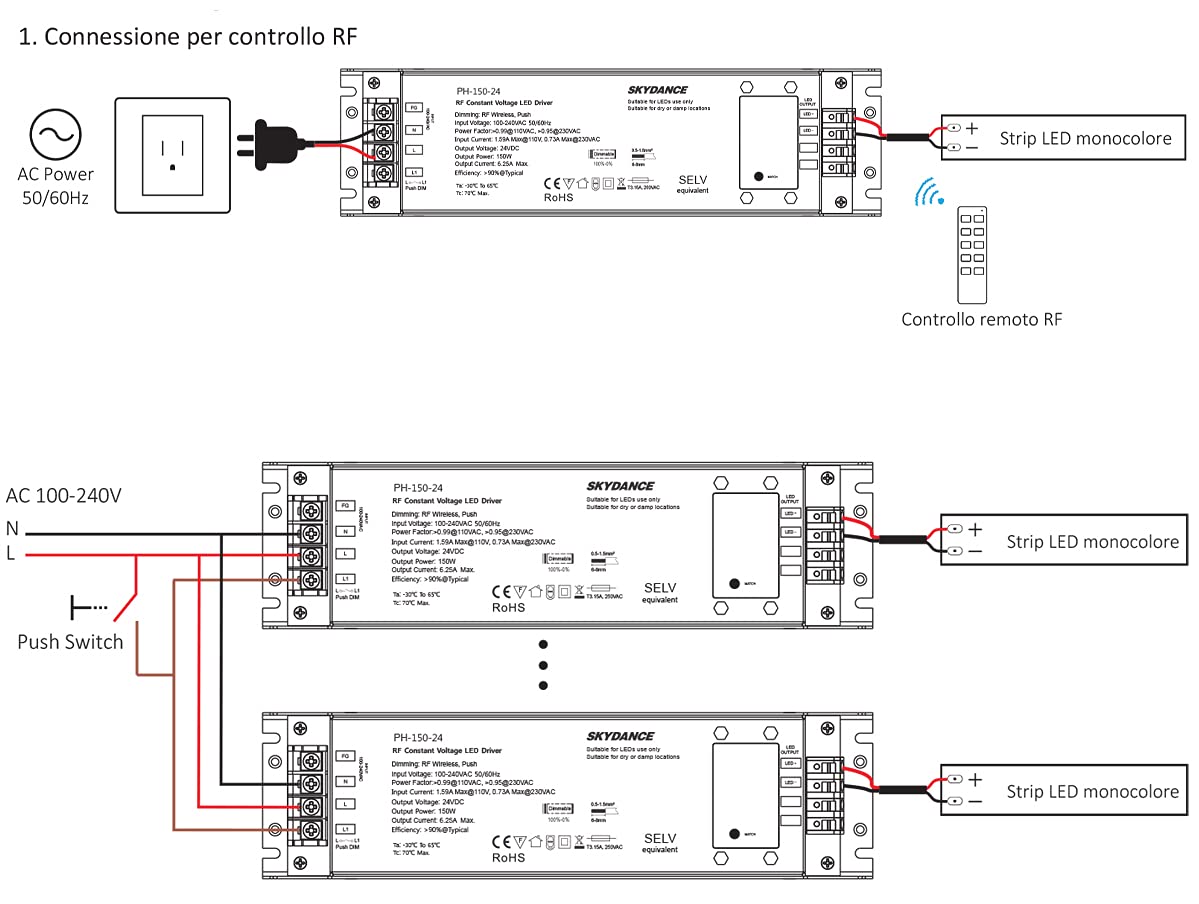 Trasformatore Alimentatore Dimmerabile 12V 150W con Pulsante N.O. Push Dimmer – Compatibile con Telecomando RF 2.4G (non incluso), Per Striscia LED 150V, Skydance PB-150-12
