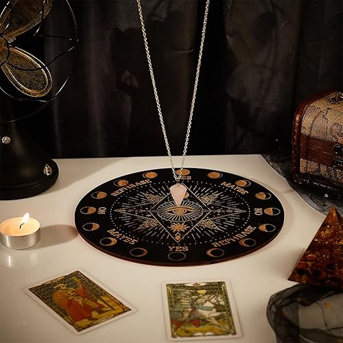 Miniatura 5 de INFUNLY Tablero de péndulo de madera con collar de péndulo de 10 x 10 pulgadas, tablero de péndulo de divinación para radiestesia, tablero de
