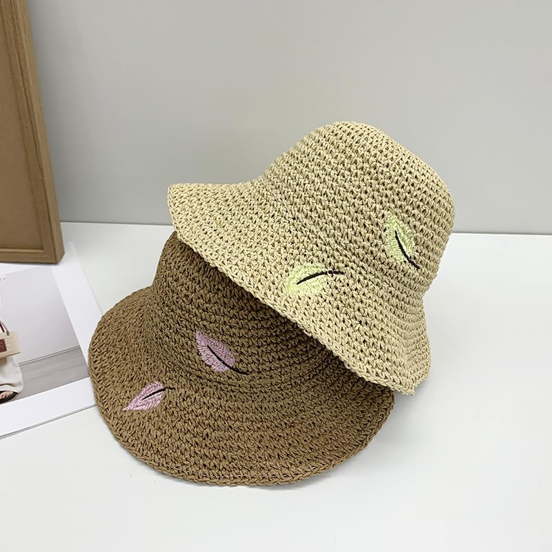 Sombrero de Verano para Mujer,con Protección UV,Plegable,de ala Ancha,de Paja con Bordado de Hojas,Transpirable,para Playa,Exteriores,Vacaciones y Viajes