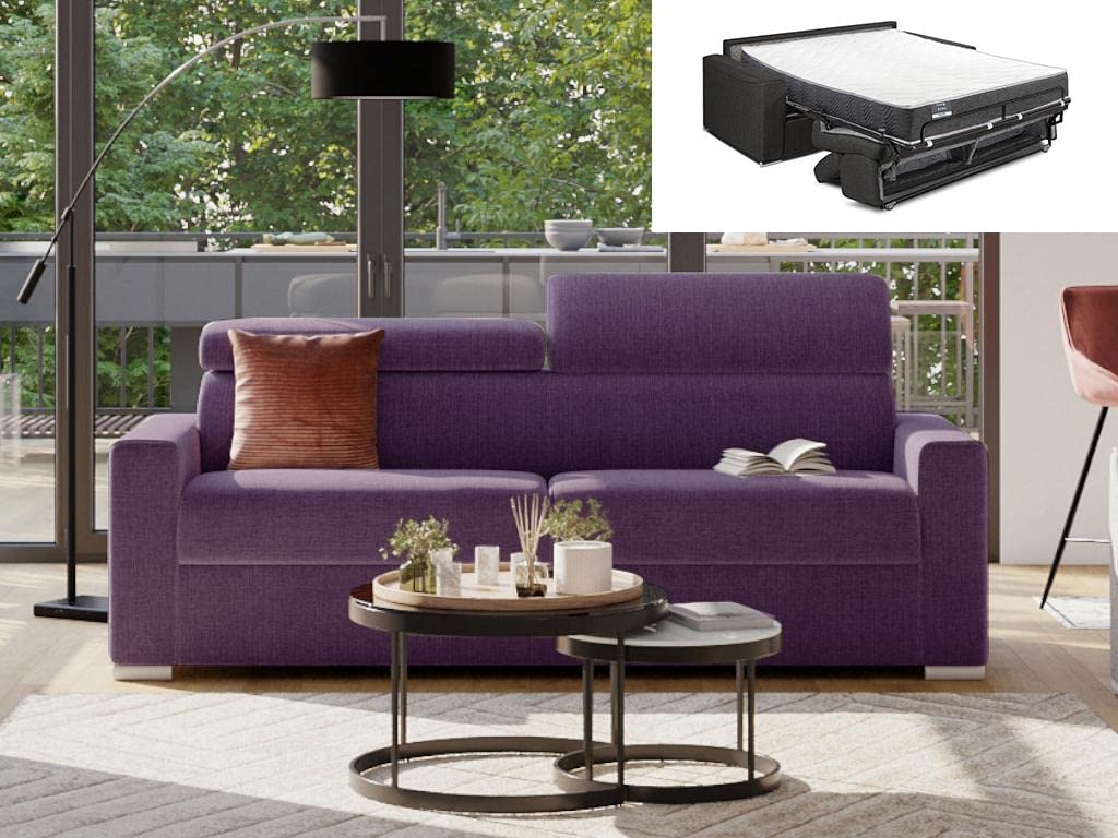 Canapé 4 Places Convertible Express en Tissu Vizir - Violet - Couchage Lattes Larges 160 cm - Matelas 22 cm avec mémoire de Forme DUNLOPILLO