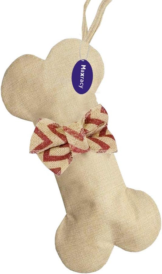 Maxracy Burlap Christmas Stockings Xmas Fireplace Hanging Bone Shape with Bowtie and Hanging Loop for Pet Dog Holiday Decoration Ornaments Make DIY Craft (Brown with Red Bowtie)