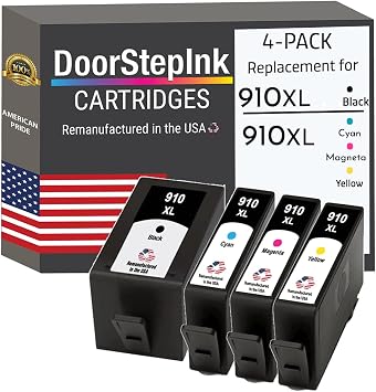 DoorStepInk 910XL Black, Cyan, Magenta, Yellow Remanufactured Ink Cartridge Replacement for HP 910XL - Compatible with OfficeJet Pro 8010/8020/8020e/8025/8028/8030e - High Yield 4-Pack