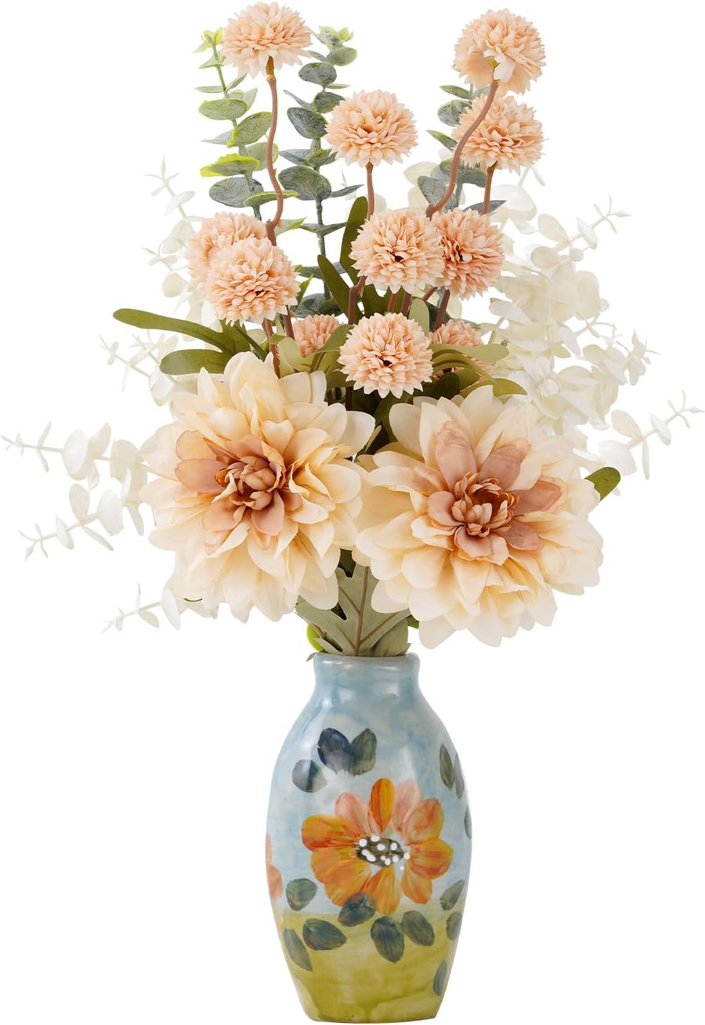 Fake Flowers with Small Hand-Painted Vase,17" Brown Artificial Flowers Bouquet in Ceramic Vase,Silk Flower Eucalyptus Arrangements for Home Dining Living Room Office Coffee Table Decorations