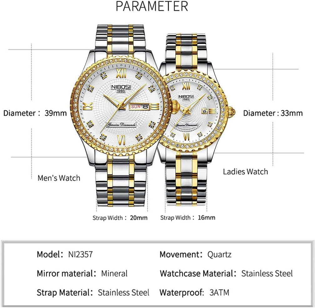 NIBOSI Watches for Couples Diamond Luxury Men and Women His and Hers Pair Watch Set Husband Wife Valentines Matching Wrist Watch Wedding Gifts Day Date Waterproof Quartz Analog