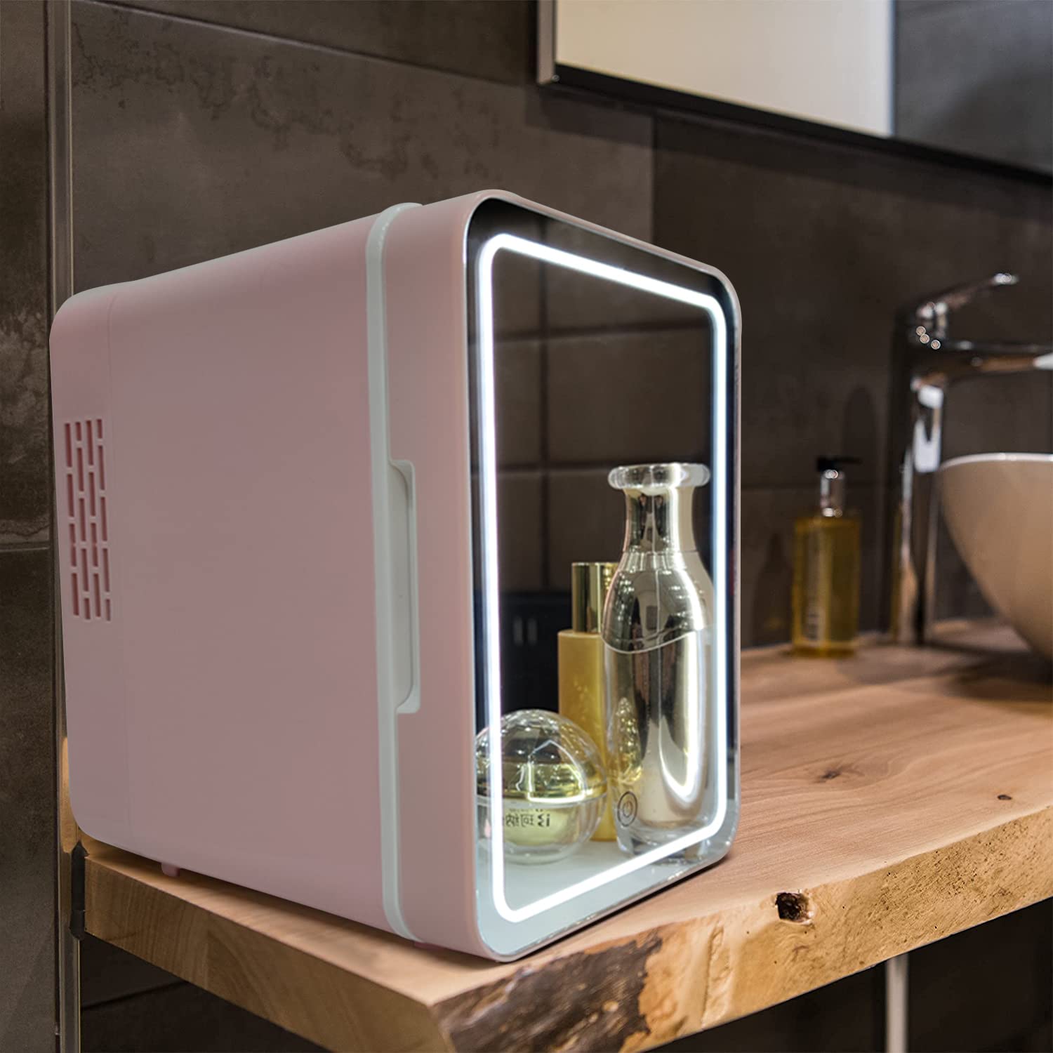 Olvy Kosmetik Kühlschrank 4 Liter, Tragbarer Mini Kühlschrank mit LED Spiegel, Klein Skincare Fridge, Kühl und Heiß für Zimmer, Rosa