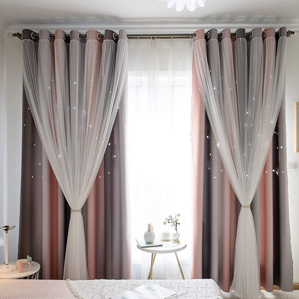 Rideau occultant broderie double couche isolation thermique rose 350x270