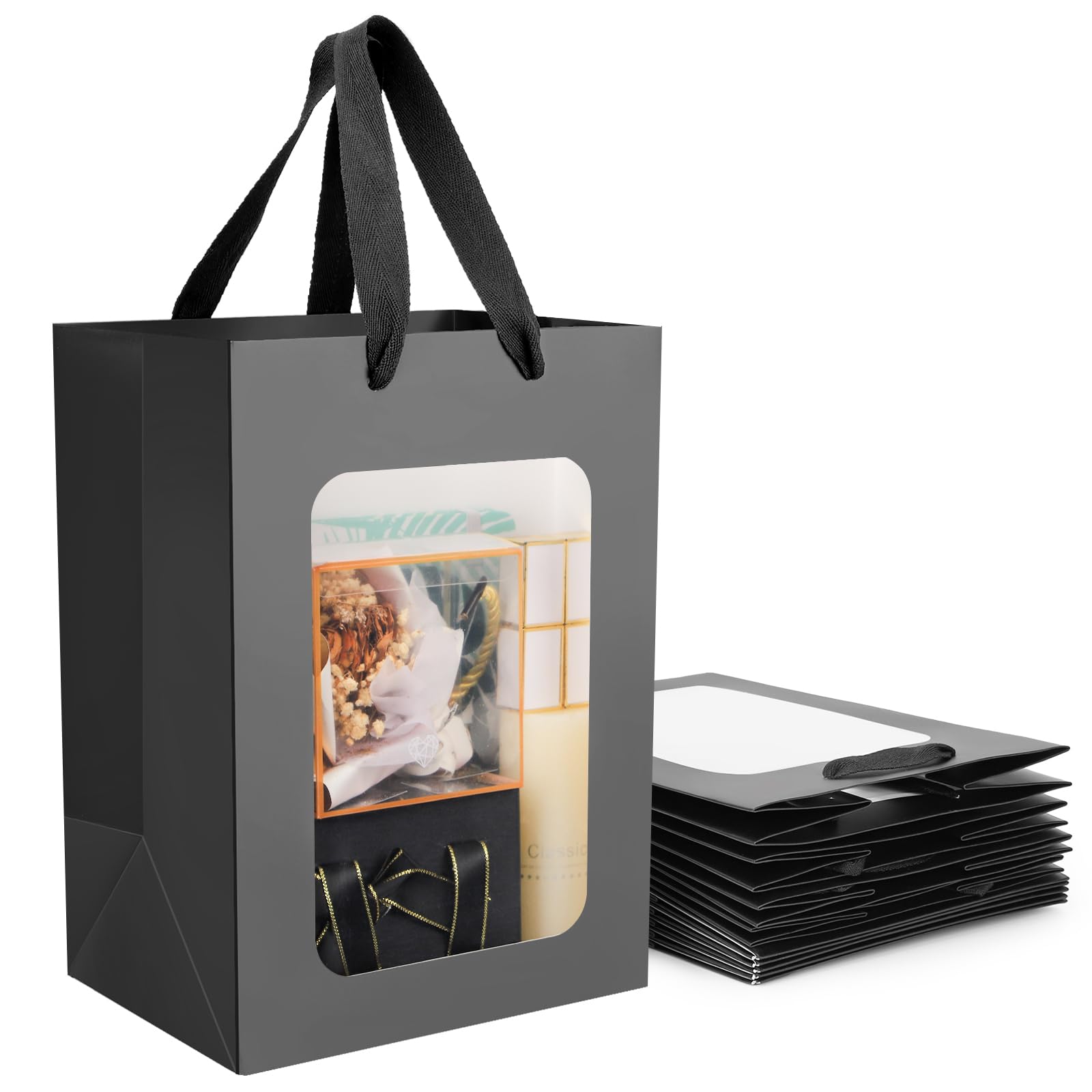 EUSOAR Geschenktüten Schwarz - 50 Stück 230GSM Papiertüten mit Henkel - 18x13x25cm Geschenktüte mit Fenster - Geschenktasche mit Sichtfenster - Papiertüten Klein Party Verpackungstüten