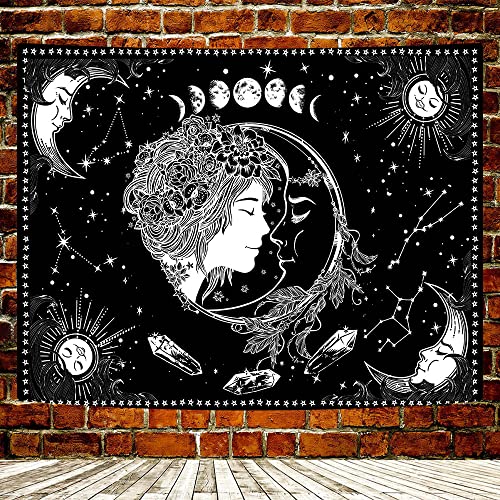 Yedane Constellation Tapestry Black And White Sun Moon Star Portrait Wall Hanging Bedroom Decoration Flannel Fabric 80×60 Inchs Living Room Dormitory Apartment Decorated Teen Male Tapestry Gty2216 #TOP26