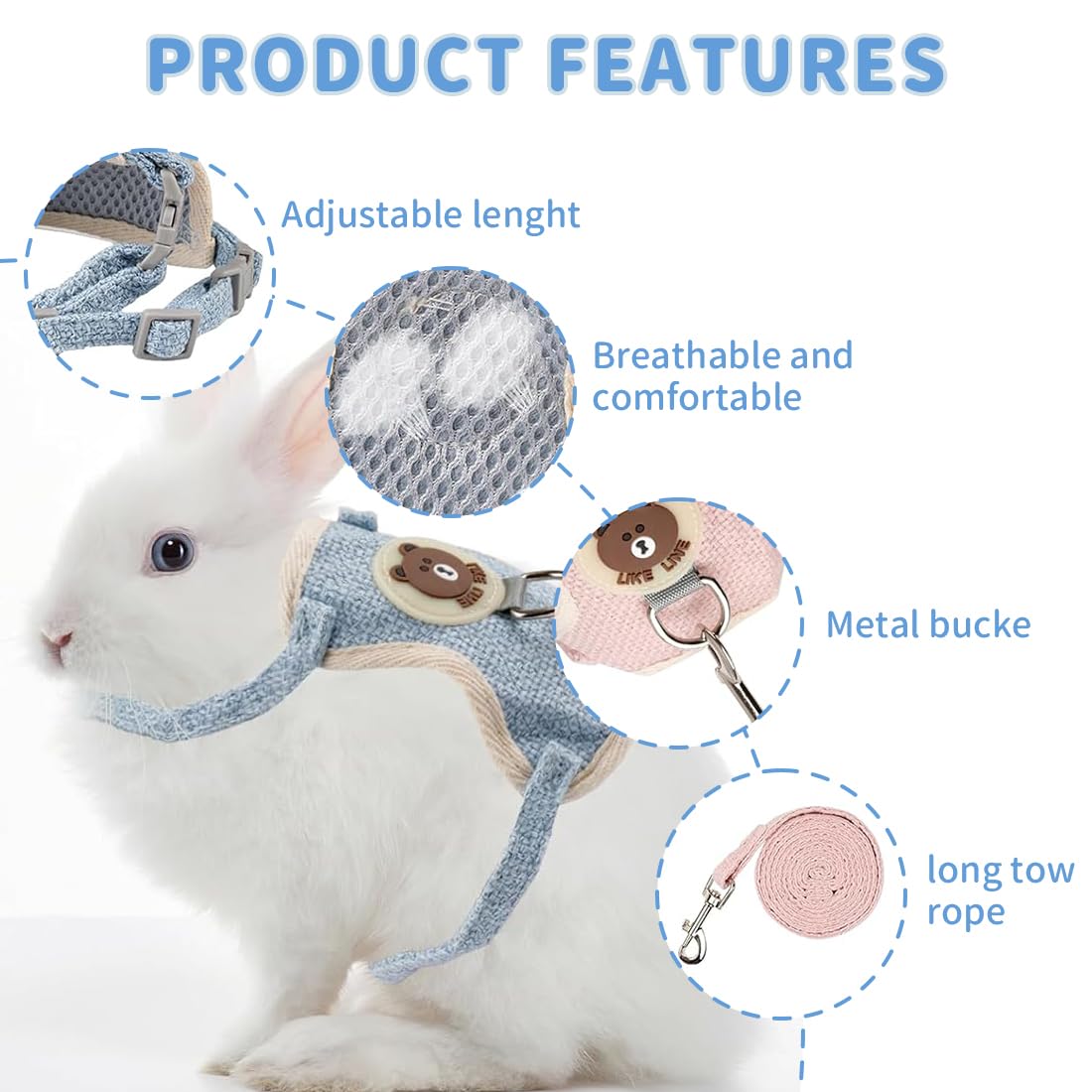 Set de 2 laisses pour Lapin - Harnais réglable pour Lapin avec Laisse - Accessoires Souples pour Chats, Petits Chiens et Autres Animaux de Compagnie - Bleu et Rose