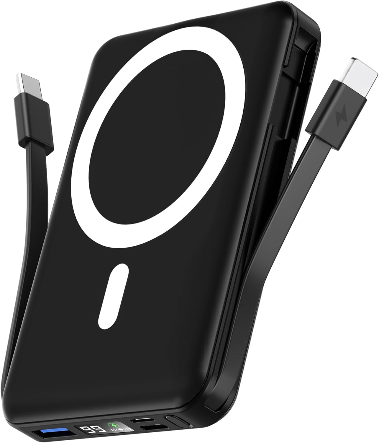 podoru for Magsafe Power Bank, 10000mAh Magnetic Battery Pack Built-in Double USB C Cables 20W PD Fast Charging LED Display Wireless Portable Charger for iPhone 17/16/15/14/13/12 Series-Black