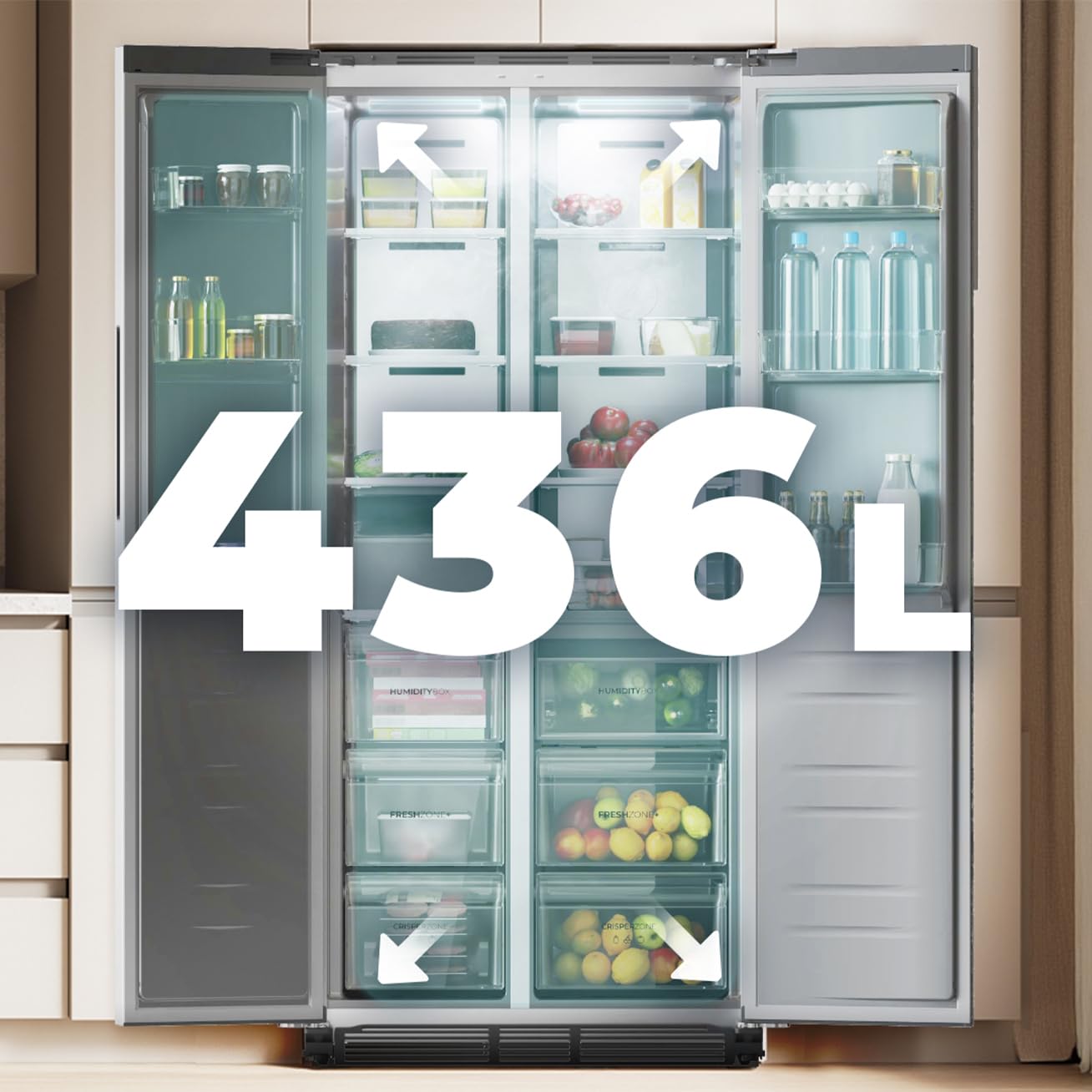 Cecotec Réfrigérateur américain Bolero CoolMarket SBS 436 SBI Inox E. Réfrigérateur américain inox, 436L, Total No Frost, Inverter Plus, MultiAirFlow, refroidissement rapide, congélation rapide.