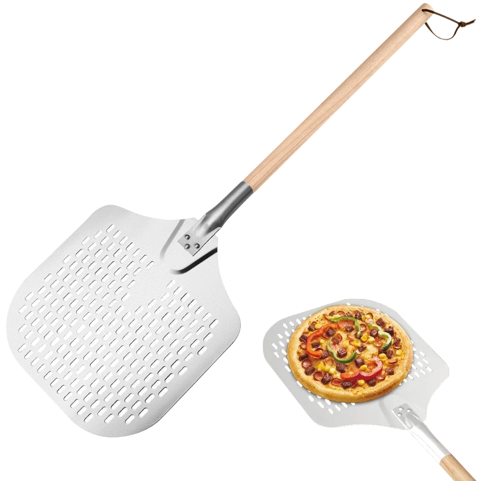 Perforada Pala Pizza 12 Pulgadas Aluminio Antiadherente Pala Para Pizza con Mango de Madera Desmontable Ideal Para Hornear Pizza y Pan