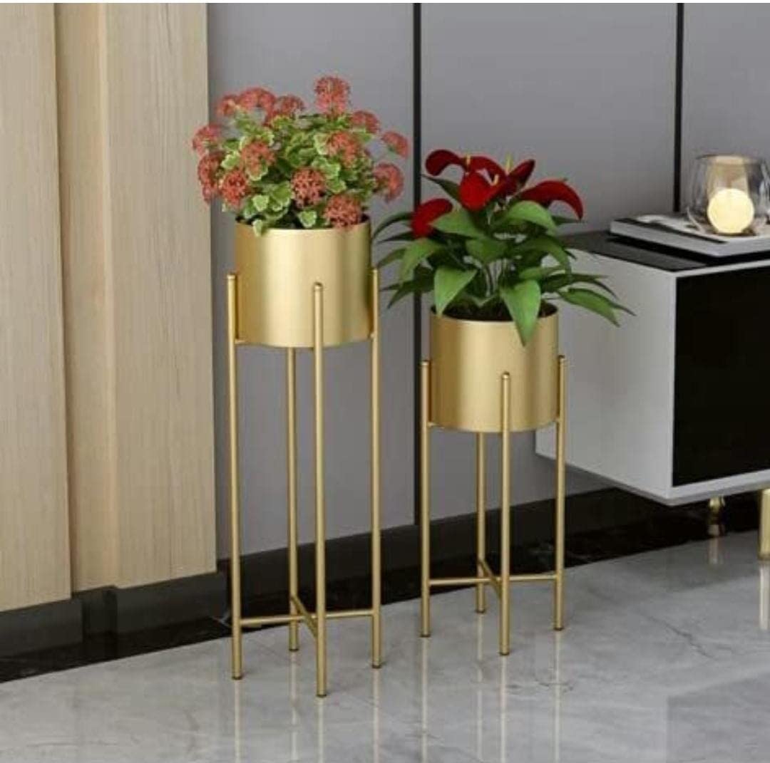 R H Riya Handicrafts Metal Floor Flower Stands for Bedroom Living Room Display Plant Stand Tall Indoor Golden Plant Stand with Golden Planter Pot (Set of 2). (B09SWKFP1B) Amazon Price History, Amazon Price Tracker