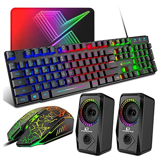 QWERTZ Gaming tangentbord mus högtalare set, 4 i 1, EN layout regnbåge LED bakgrundsbelysning tangentbord 7-färgat LED andningslampa mus RGB datorhögtalare, kompatibel med PS4 Xbox