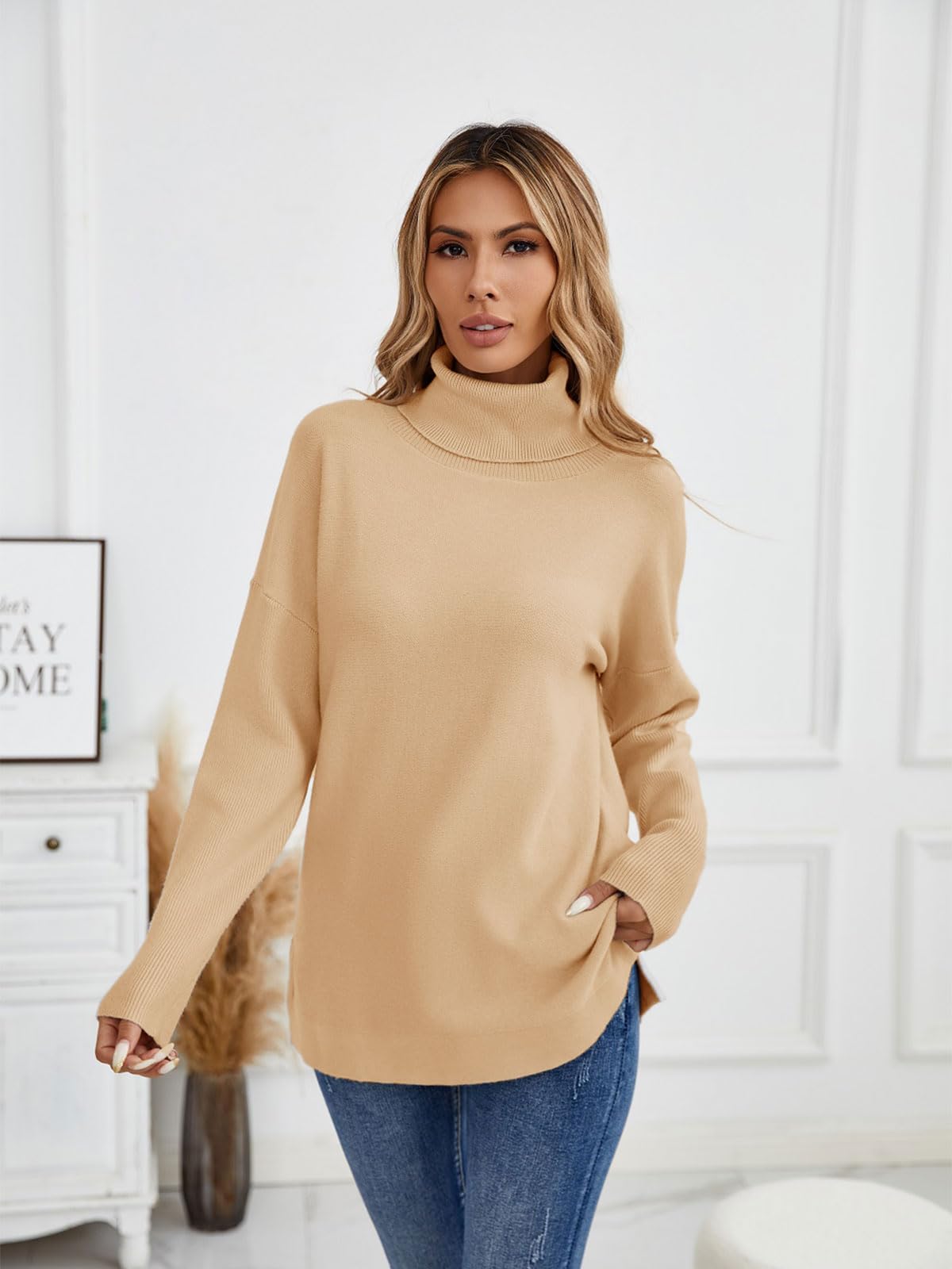 Imily Bela Sweter damski oversize, długi golf z dzianiny, rozcięcie boczne, ciepły, jednokolorowy, na jesień i zimę