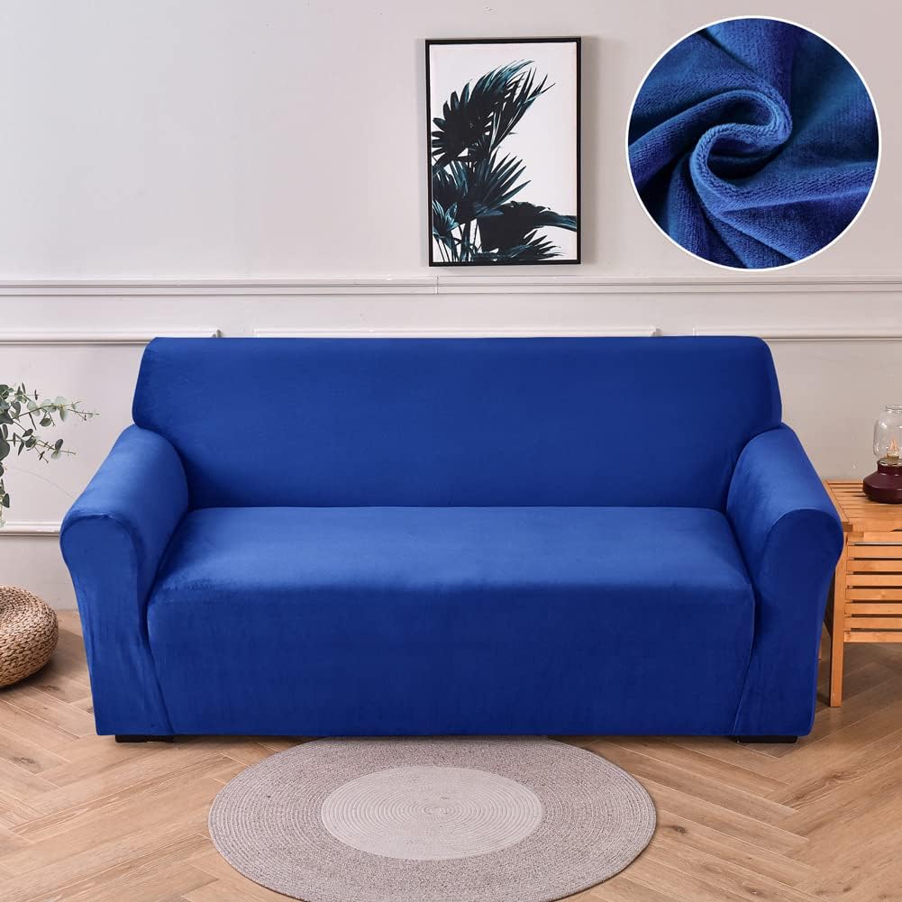 Premium Velvet Sofa Cover One Piece Scratch Resistant Fleece Fabric Durable Softness Couch 2 Seater Decorative Slipcover Covers Solid Color Modern Elastic Wrap Protector Royal Blue 57"-72"