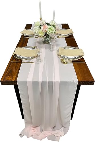 Miniatura 2 de EHLDekol Camino de mesa de gasa rosa rubor de 13 pies, 29 x 156 pulgadas, romántico y rústico, bohemio, camino de mesa para boda, decoración de