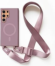 JMstore Magnetic Case Compatible with Samsung Galaxy S24 Ultra with Rope, Magnetic Case Silicone Anti-Shock Hang Cord, Adjustable Hanging Strap -Rose Gold