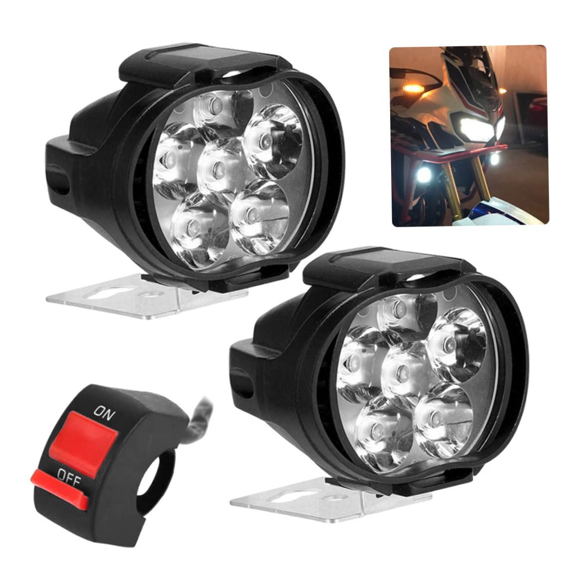 Faro per moto, universale, 6 LED, faretti, ausiliari, fendinebbia, con interruttore, 2 pezzi