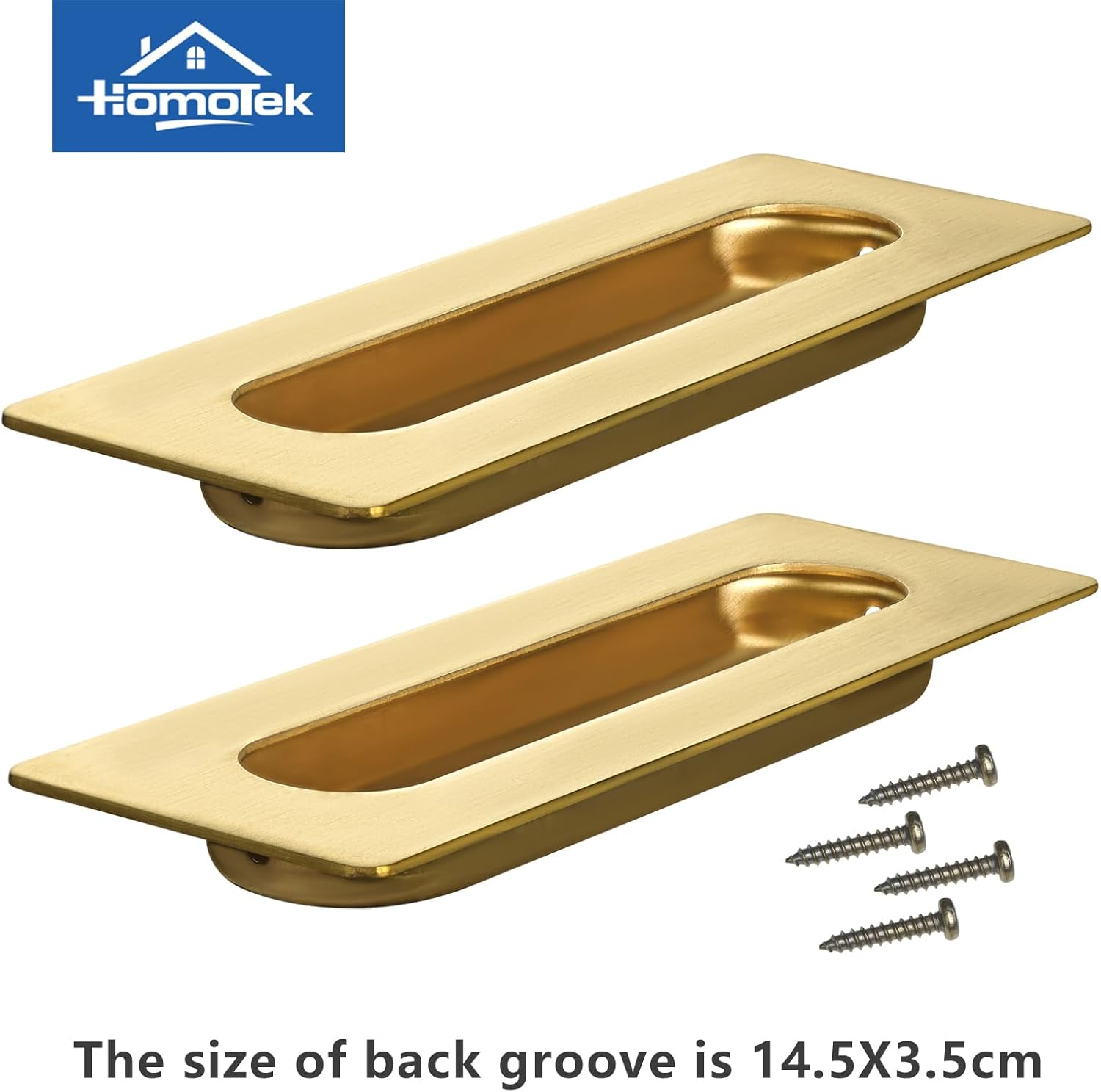 HOMOTEK 7 in Flush Pull Sliding Closet Door Handles 4 Pack Recessed Rectangular Big Handles Bypass Door Handles, Large Size Stainless Steel Barn Door Finger Pull Set, Free of Sharp Edge(Brushed Brass)