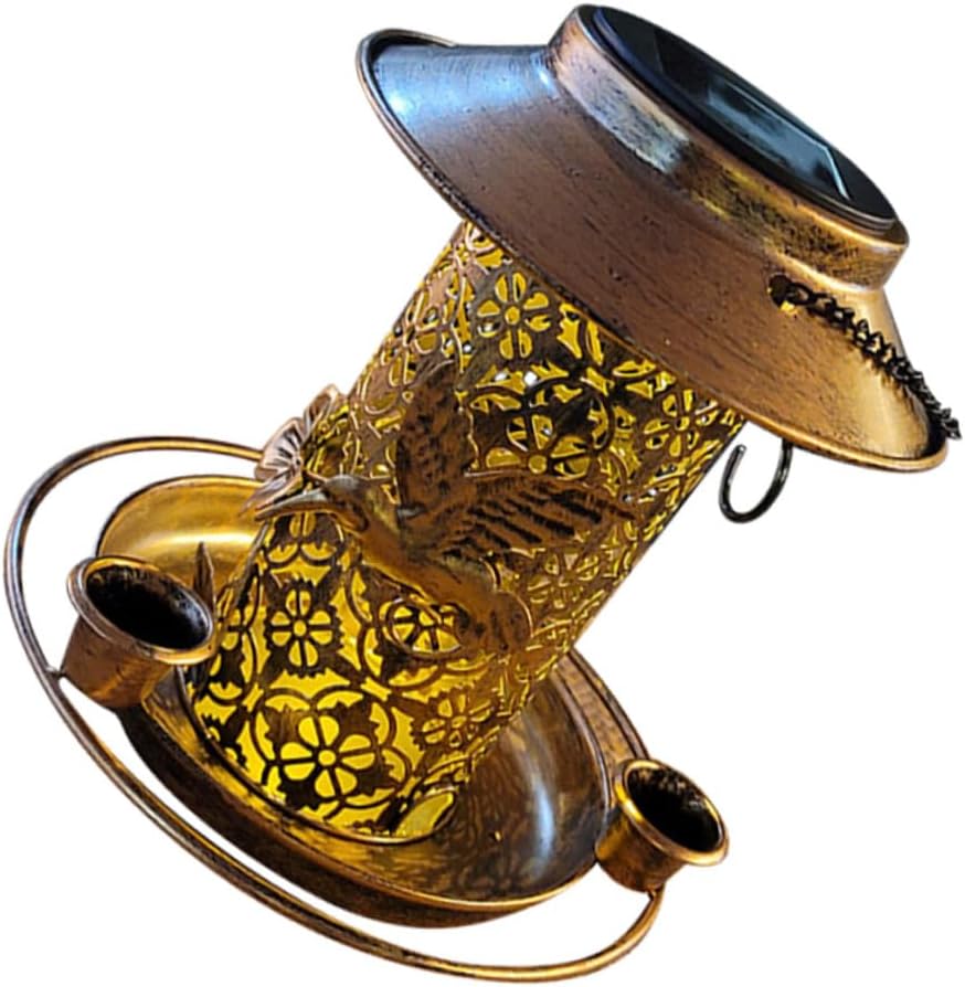 POPETPOP Solar Bird Feeder with LED Lights Antique Iron Art Hanging Bird Food Feeder for Outdoor Garden Decoration Multifunctional Design