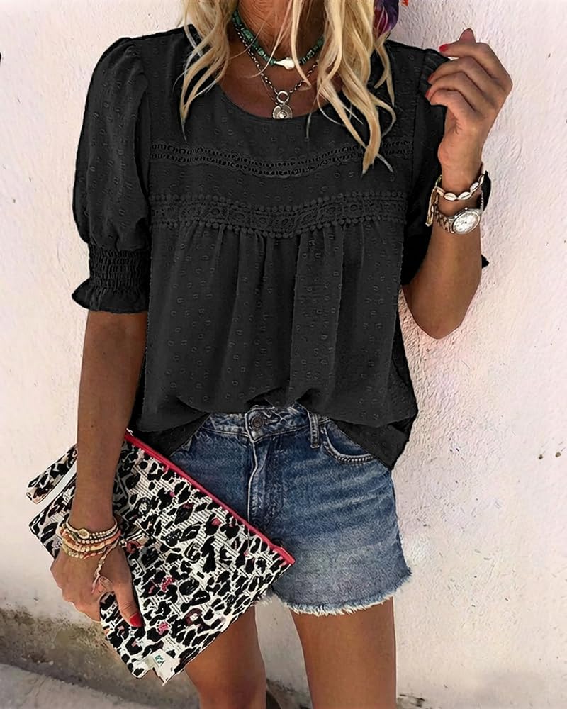 CHICME Womens Summer Tops Crewneck Puff Sleeve Shirts Dressy Casual Blouses Flowy Lace Hem Boho Clothing Trendy 2026 - Image 3