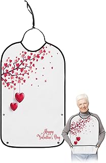 BOBOWUNY Valentines Day Adult Bibs for Elder Women Men Eating, Red Love Heart Tree Romantic Waterproof & Washable Bibs for Eating Clothing Protector Dining Bibs for Crumb Catcher