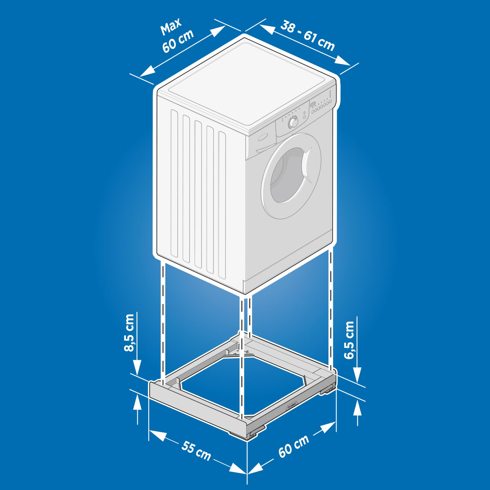 Meliconi BASE MOVE EVO SIOC, Base per Lavatrice con Ruote e Freni, Imballo ecologico e Anti Rottura, per elettrodomestici standard 60x60cm, supporta 250kg, anche per colonna bucato, bianca