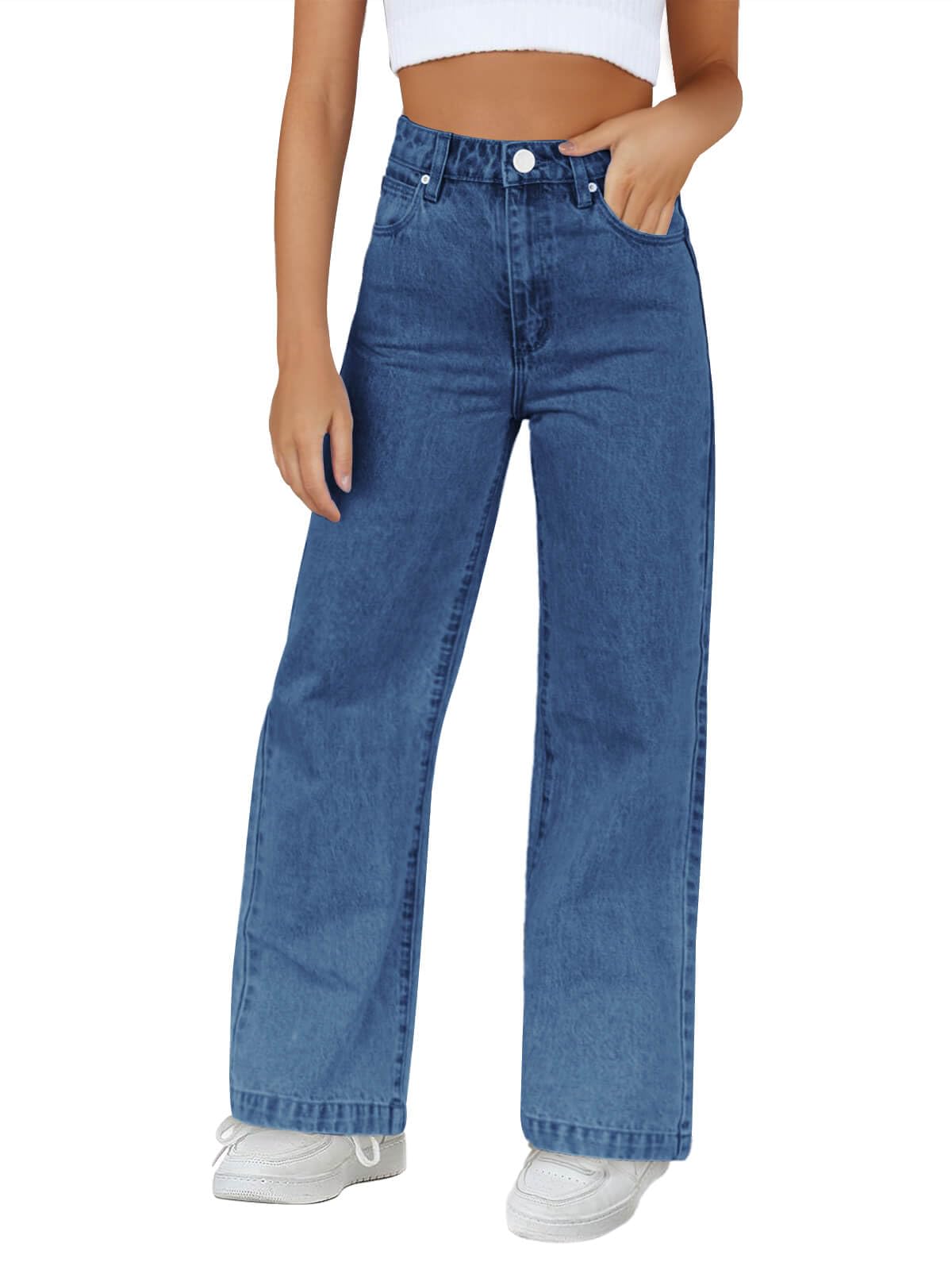Haloumoning Jeans de cintura elástica para niña, pierna recta, pantalones largos elásticos casuales con bolsillos, 5-14 años