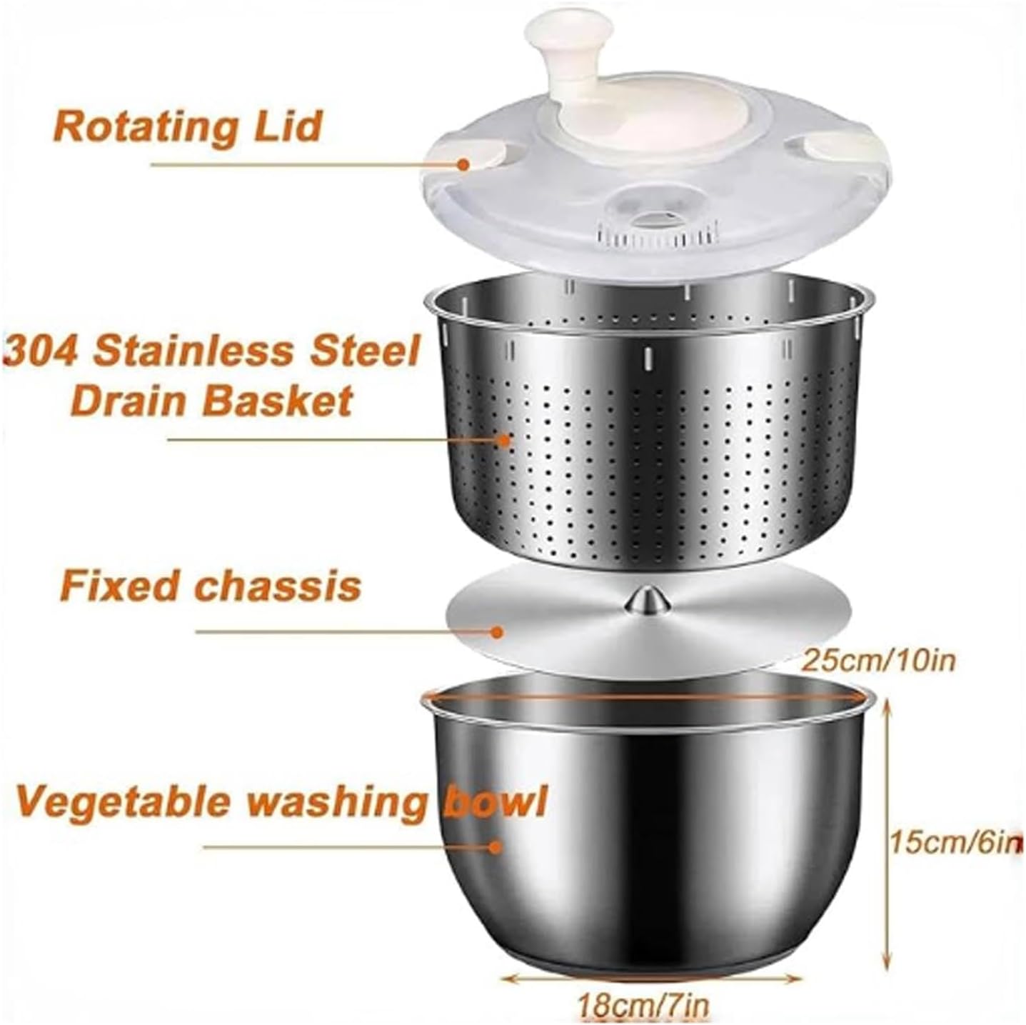 ZJchao Salad Spinner, Vegetable Washer, Fruit Washer 6L Stainless Steel PP Multifunctional Salad Dryer with Drainage Outlet for Lettuce Vegetable