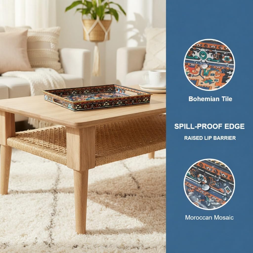 Boho Persian Rug Pattern Serving Tray with Handles, 15.7”x11.8” Rectangular Plastic Decorative Tray (Vintage Blue/Orange/Green) for Coffee Table, Ottoman, Bathroom & Living Room.