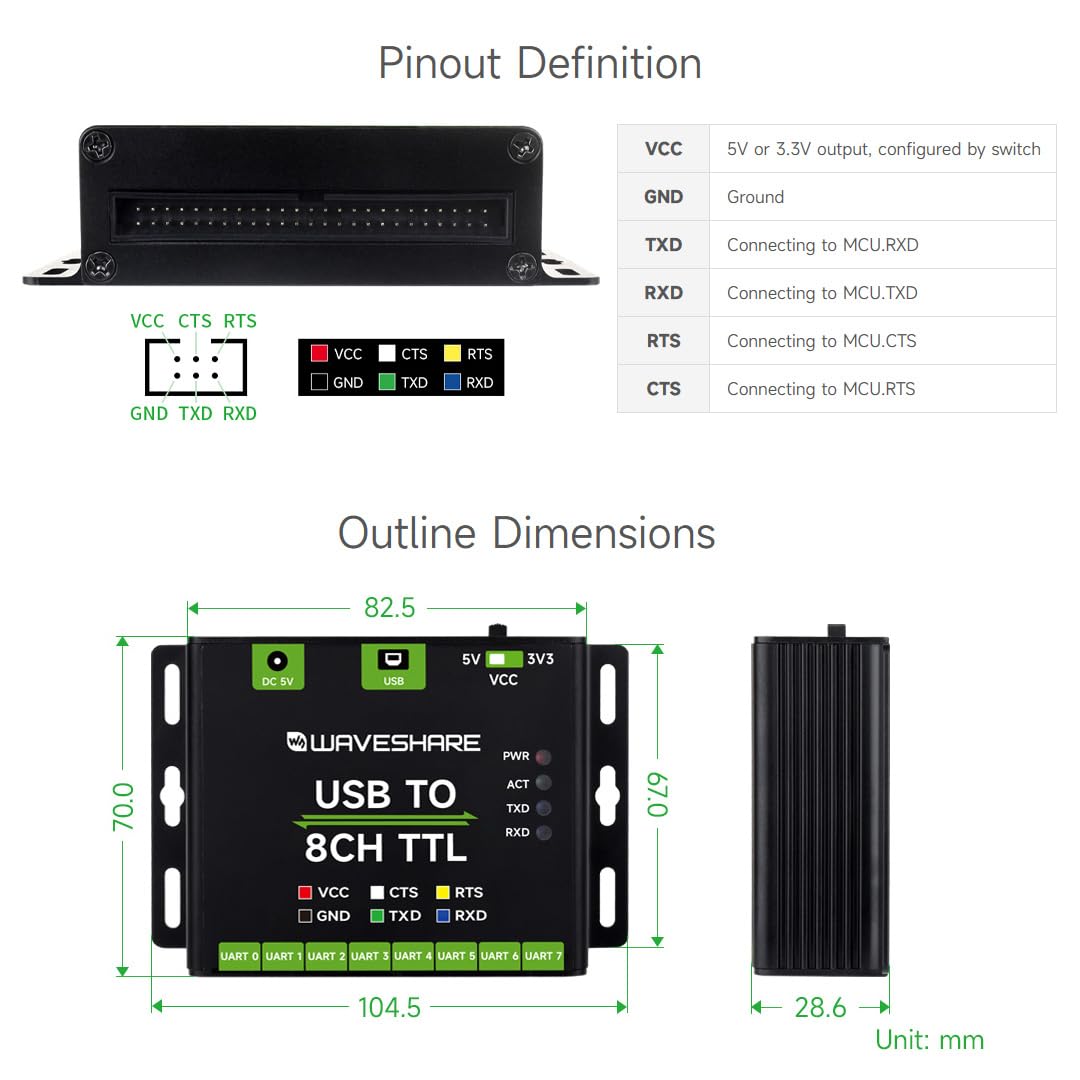 Waveshare Industrial USB to 8CH TTL Converter, USB to UART, Multi Protection Circuits, Multi Systems Support, USB to TTL Adapter