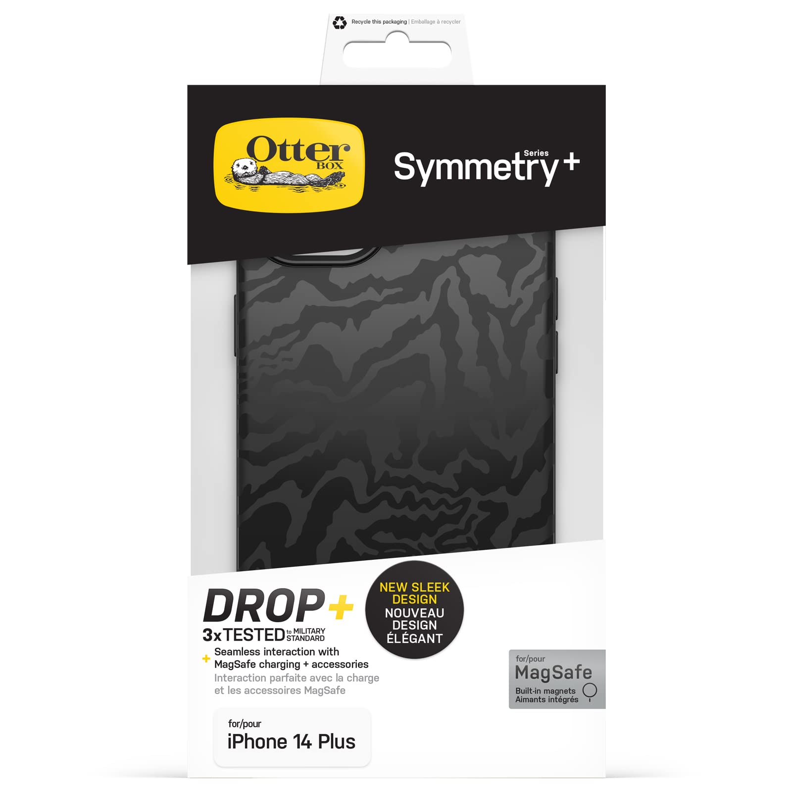 OtterBox Cover per iPhone 14 Plus Symmetry+ con MagSafe, resistente a shock e cadute;sottile, testata 3x vs le norme MIL-STD 810G, protezione antimicrobica, Nero/Fabric