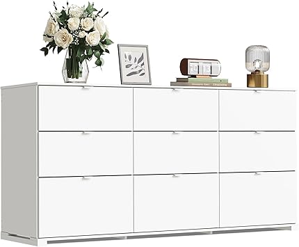 WLIVE 9 Drawer Dresser for Bedroom, 63" Wide White Drawers Large Wood Chest of Drawers Organize with Sturdy Metal Handle, Modern Dresser for TV Stand, Living Room Office, Hallway, Ball Bearing Slide