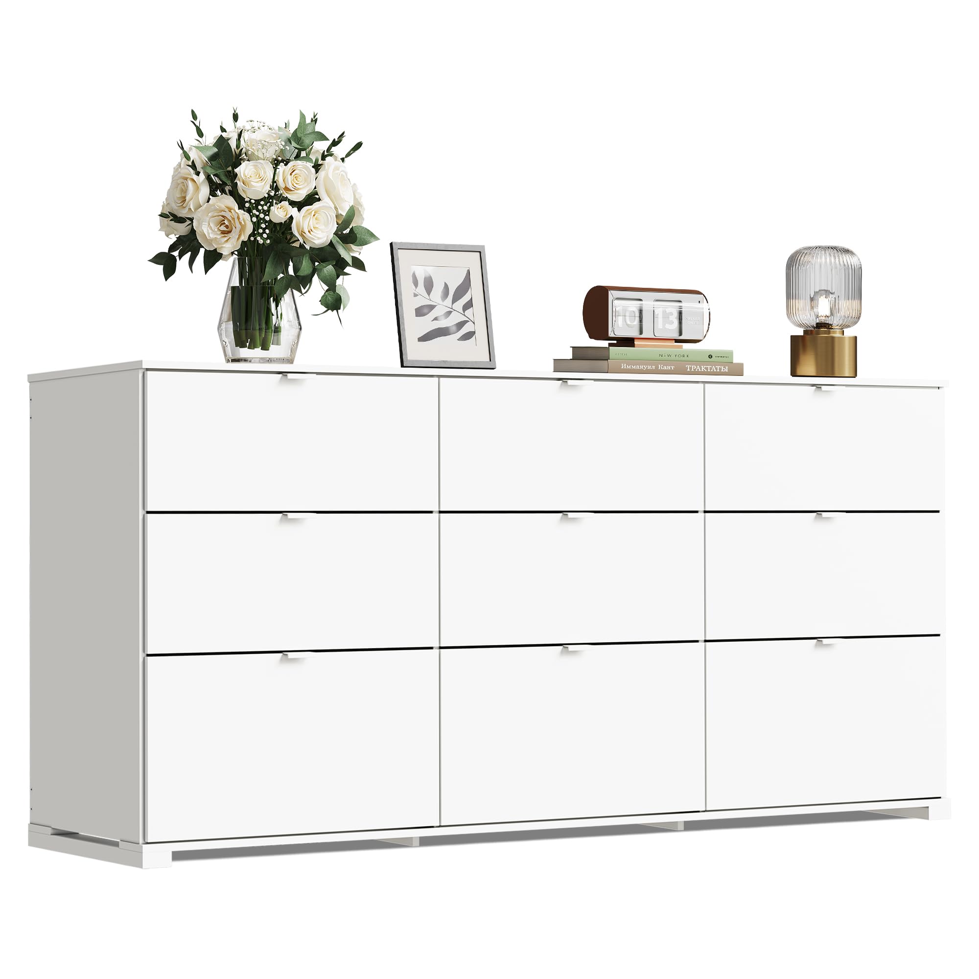 WLIVE 9 White Drawer Dressers, Modern Large Wood Dresser Chest for Bedroom Organize with Sturdy Metal Handle, TV Stand for 75 inch TV, Living Room Office, Hallway, Ball Bearing Slide (63" W)