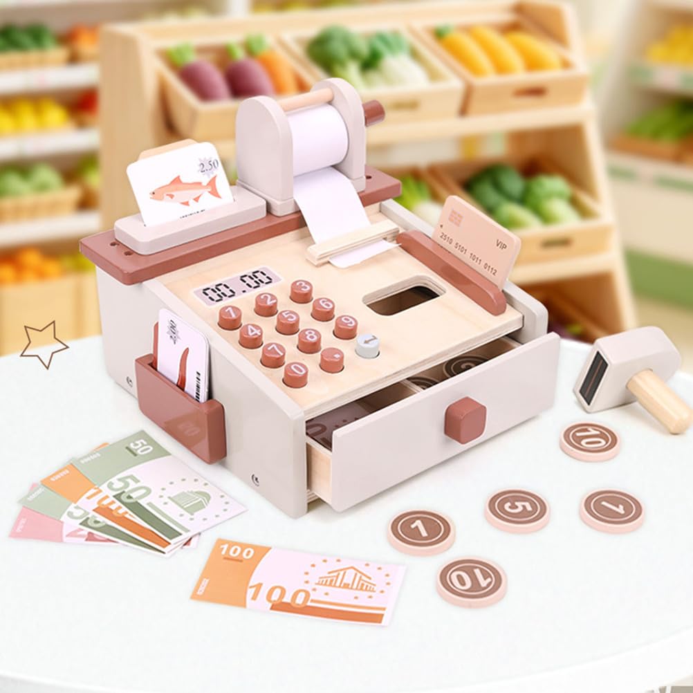 Juguete de caja registradora de madera, simulación de caja de supermercado | Set de Juego de Supermercado para Niños, Juguete de Dinero de Juego, Juego de Rol de Compras