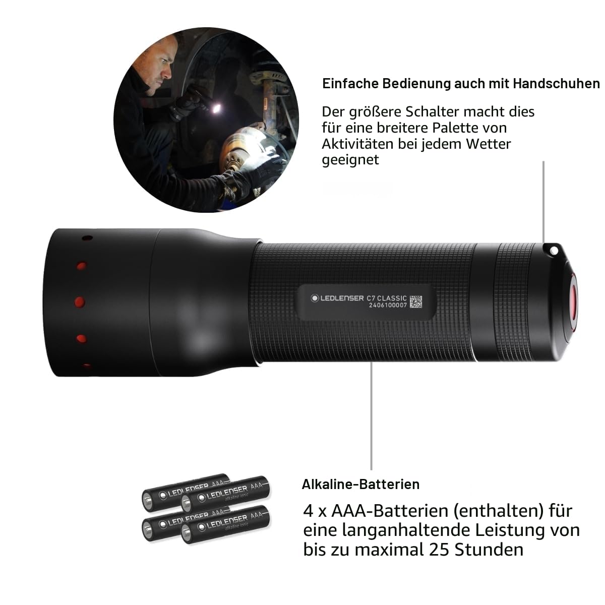 Ledlenser C7 Classic LED Taschenlampe | 450 Lumen helle Taschenlampe | 300m Leuchtweite | einstellbarer Fokus | IP54 | lange Batterielebensdauer | Taschenlampe Camping, Outdoor