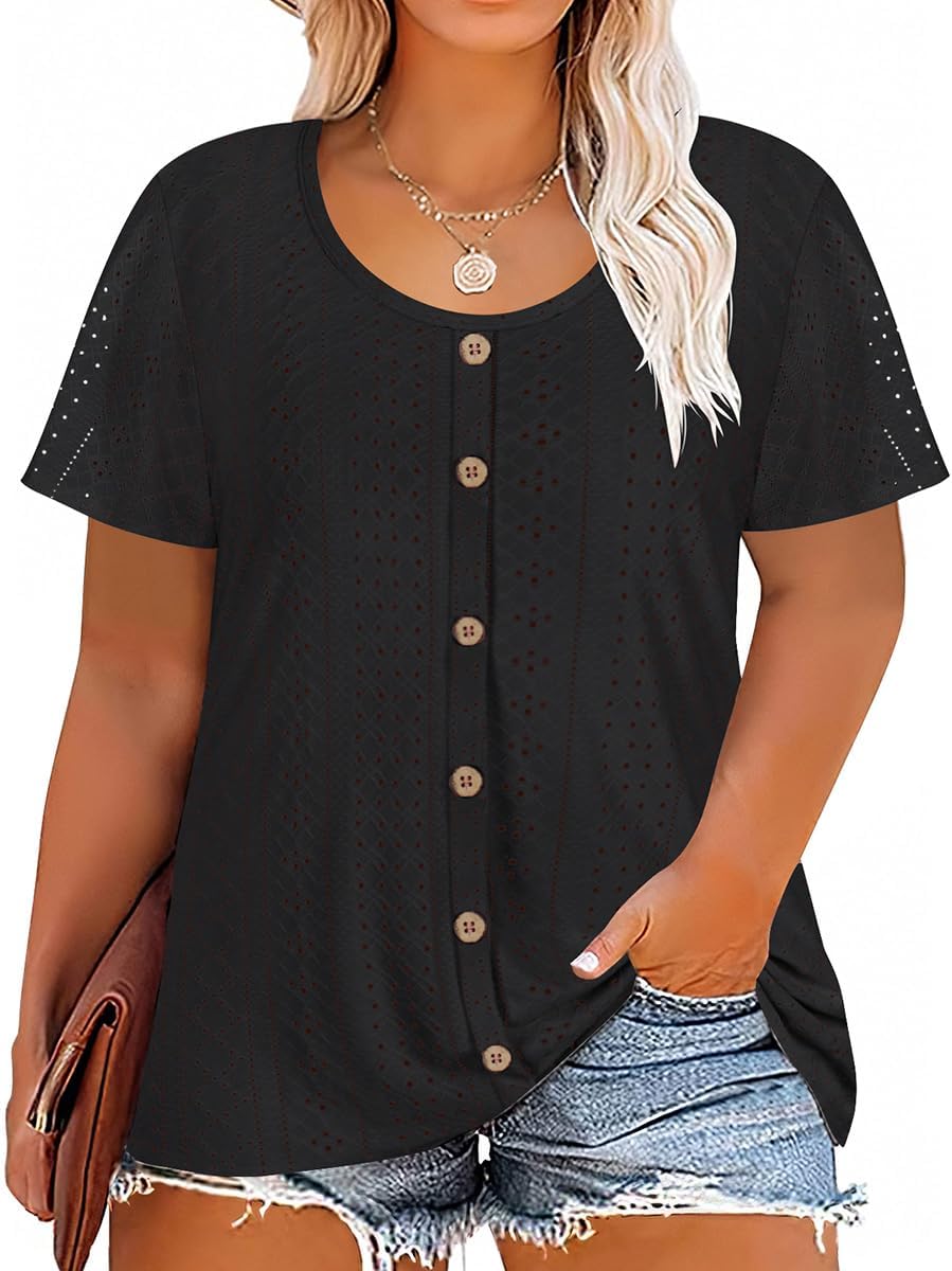 RITERA Plus Size Tops for Women Crewneck Neck with Button Up Short Sleeve Embroidery Henley Tshirt Casual Basic Shirt XL-5XL