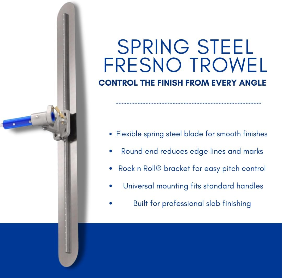 Bon Spring Steel Fresno Trowel 48 in. x 5 in. Round End Concrete Finishing Blade with Rock n Roll Adjustable Bracket, Universal Mounting System for Large Flatwork
