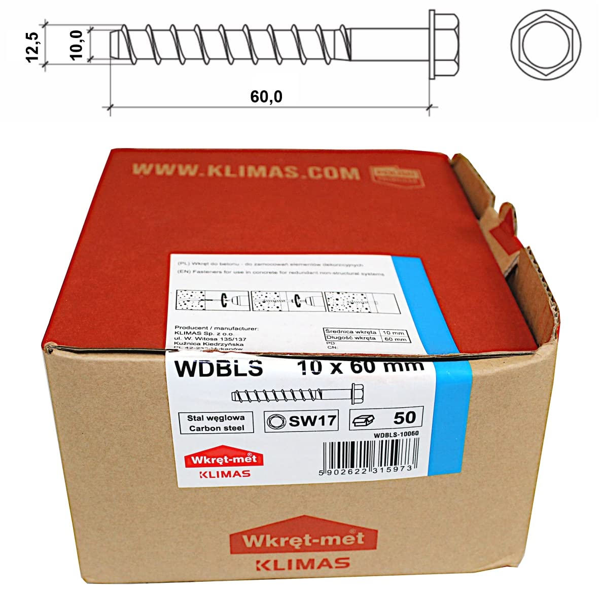 KLIMAS Betonschrauben 10,0 x 60 mm - 50 St. Kohlenstoffstahl Sechskantkopf