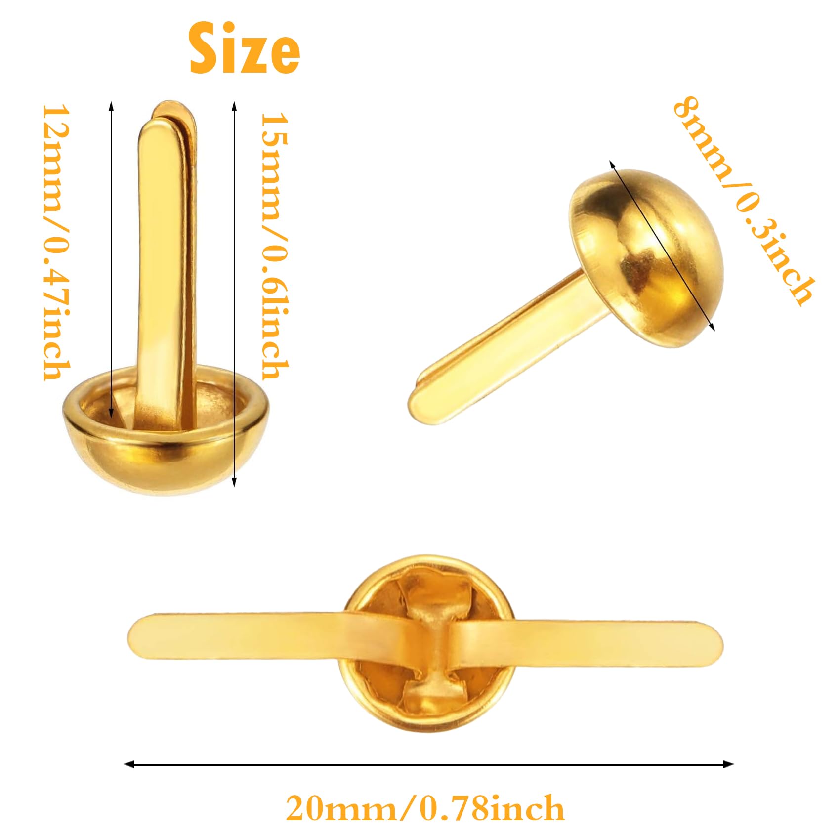 EuTengHao 700Pcs Brass Fasteners Scrapbooking Brads Round Head Brass Plated Fasteners for Craft Art Crafting School Decorative Scrapbooking DIY Supplies (1/2 Inch Shank, 8mm Head, Gold) - Image 2